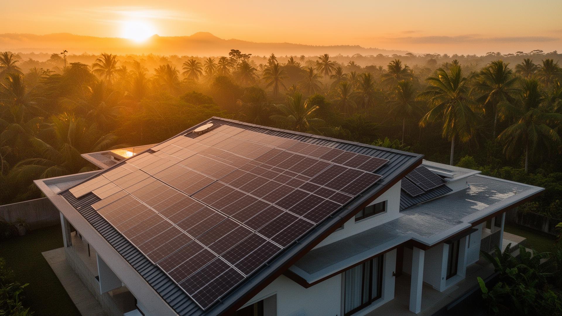 Solar panels on a Filipino rooftop at sunrise